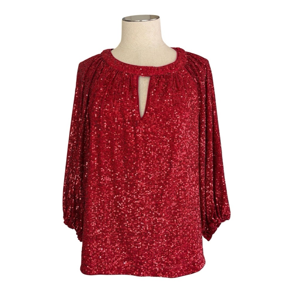 Vince Camuto Women's L Red Sequin Blouse Balloon Sleeve Keyhole Party Holiday